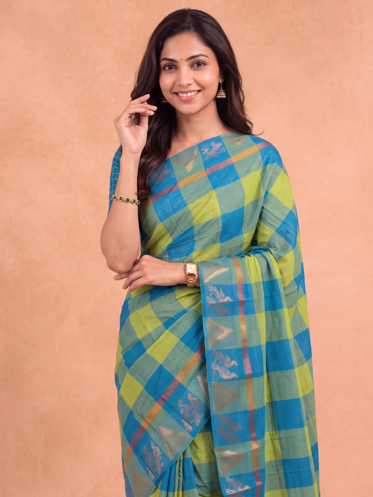 Women Chettinad Cotton Blue with Green Saree CCS19