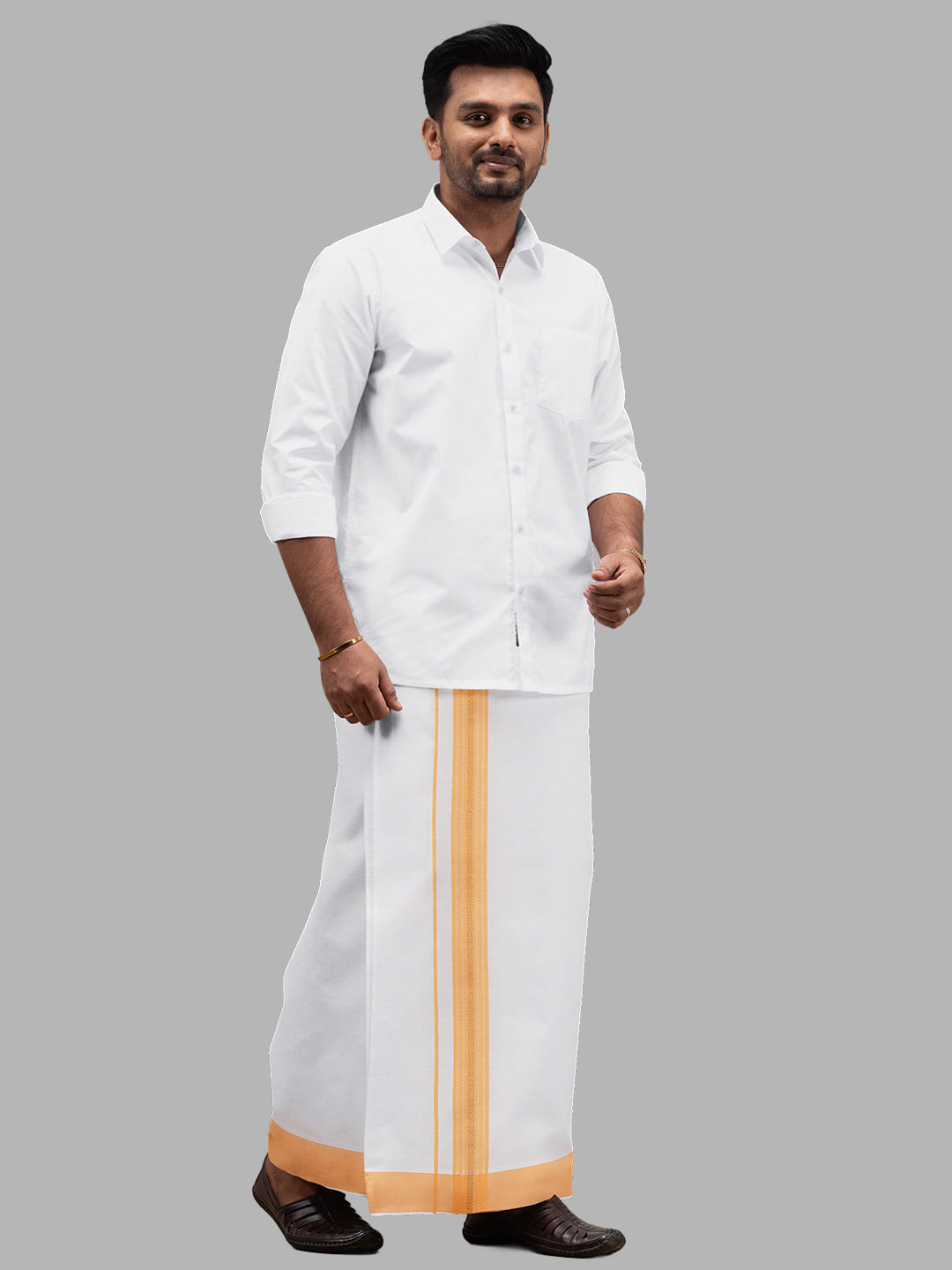 Men Cotton Blend Readymade Single Layer White Dhoti with Fancy Jari Border GACJ27