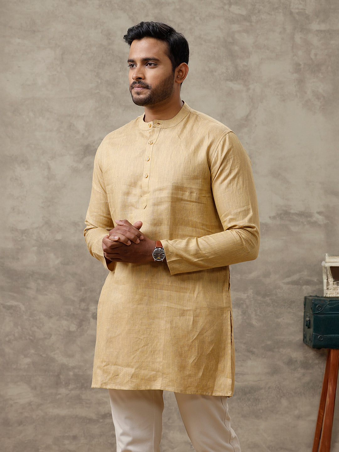 Men Linen Medium Length Kurta Mustard Yellow KAL20