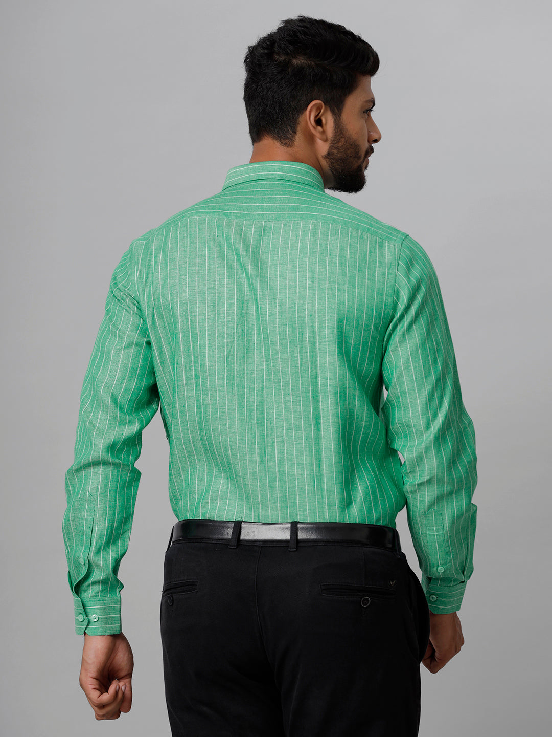 Mens Pure Linen Striped Full Sleeves Green Shirt LS12-Back view