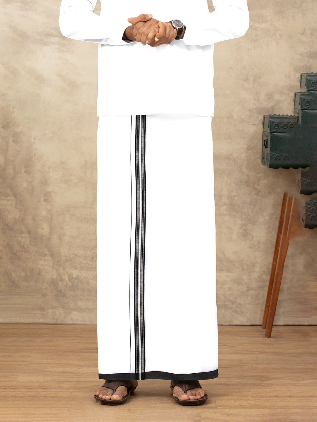 Men Cotton Blend Single Layer White Dhoti with Fancy Jari Border HSF01