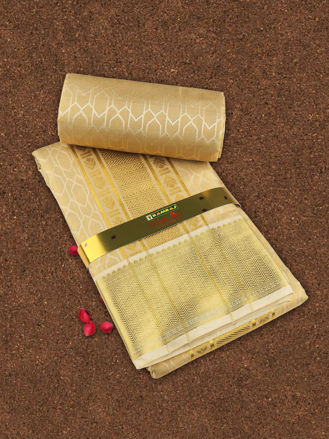 Men Art Silk Wedding Set Dhoti Shirting & Towel Set Gold Brahmotsavam B14(3*1)