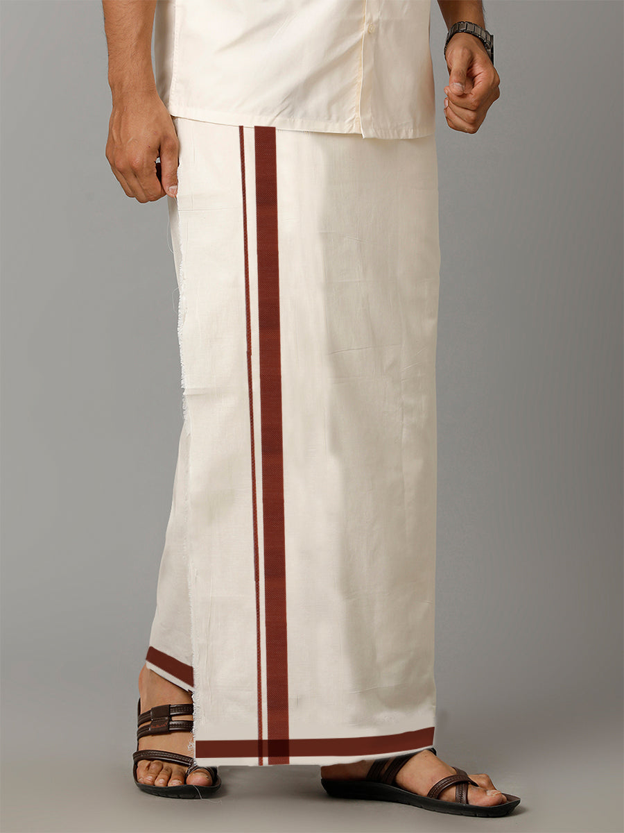 Mens Kora Cream Double Dhoti with Maroon Fancy Border Terra Kora Fancy