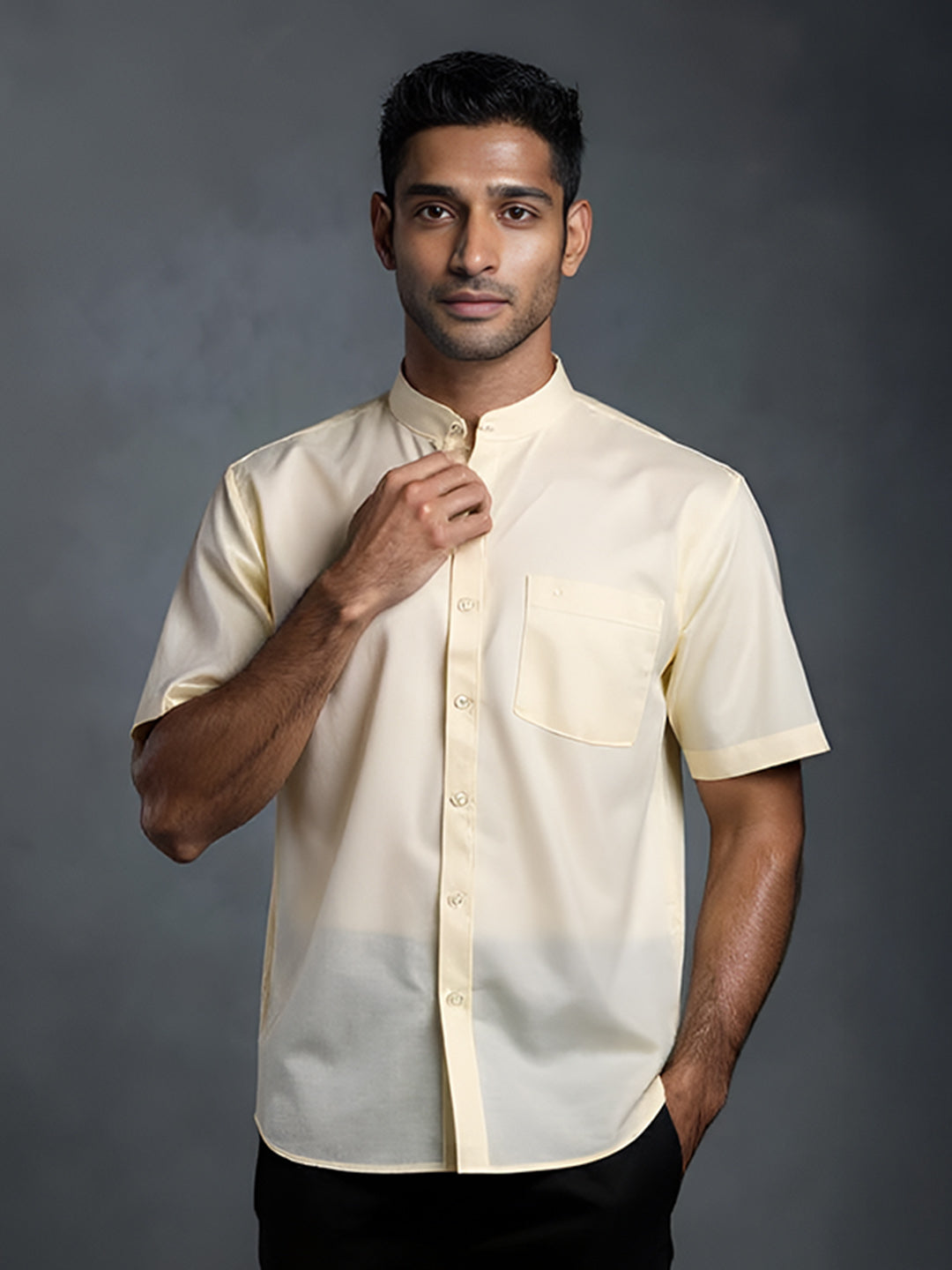 Men Cream Linen Cotton Chinese Collar Shirt LF12