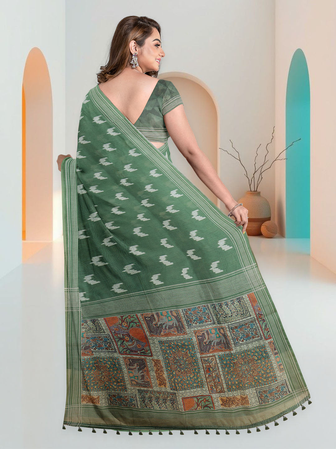 Women Green Semi Chanderi Cotton Printed Saree SC74