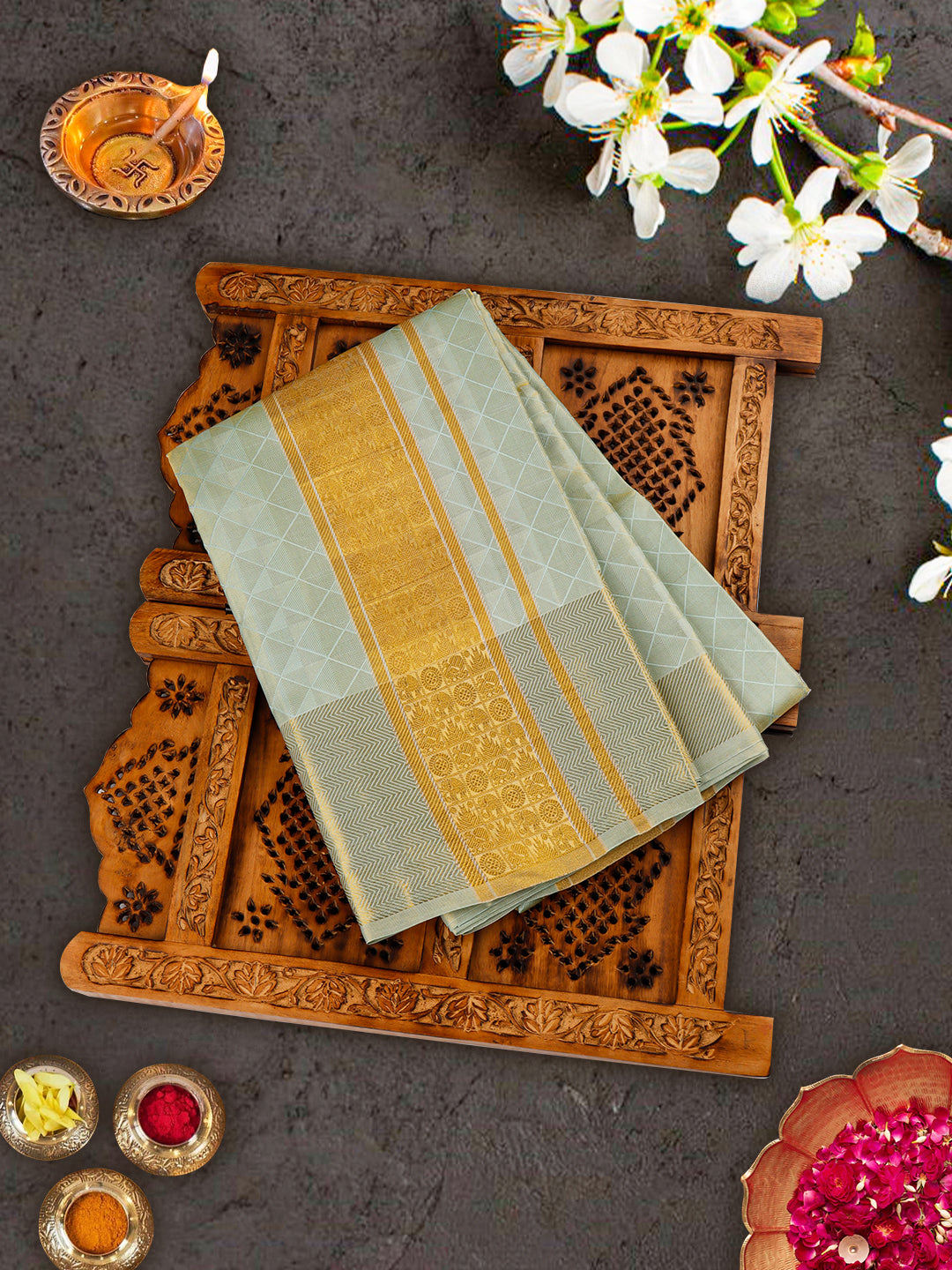 Premium Pure Silk Tissue Green Dhoti with 5" Gold Jari Border Upasana