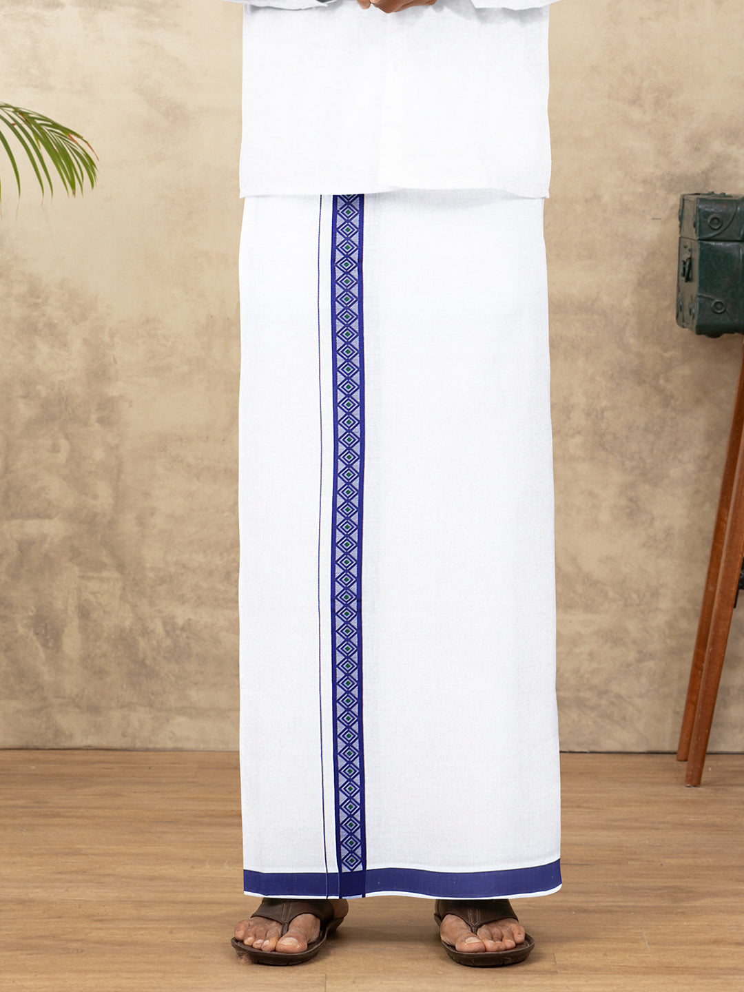 Men Cotton Blend Single Layer White Dhoti with Double Side Fancy Border HM 06