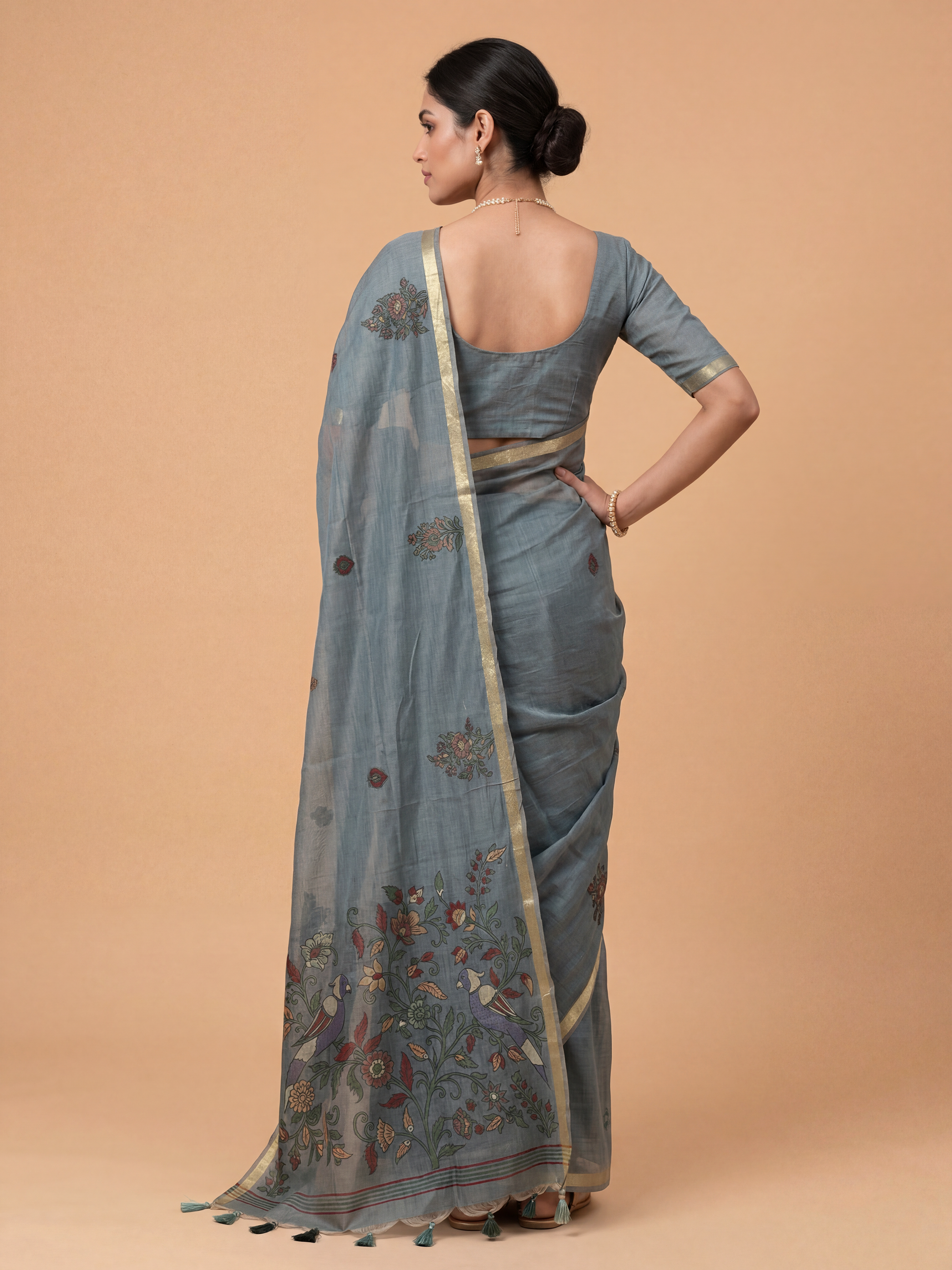 Women Pure Cotton Printed Bluish Grey Saree PCS269