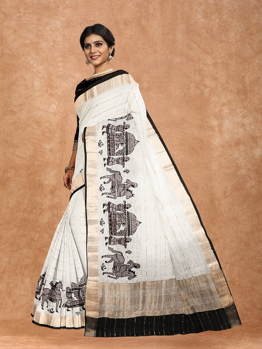 Women Semi Cotton Embroidery Saree White TJB01