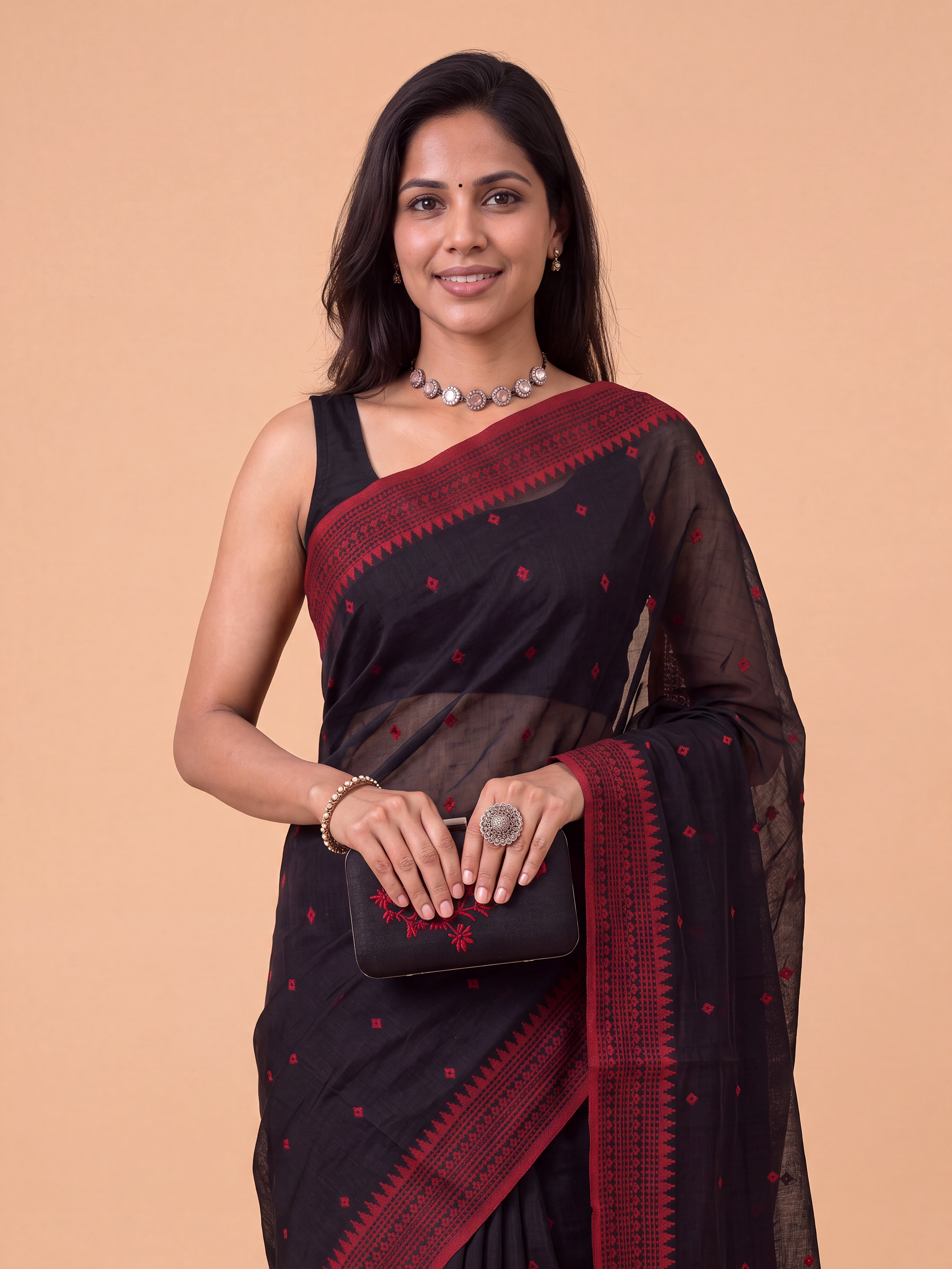 Women Black with Red Kora Cotton Saree SK137