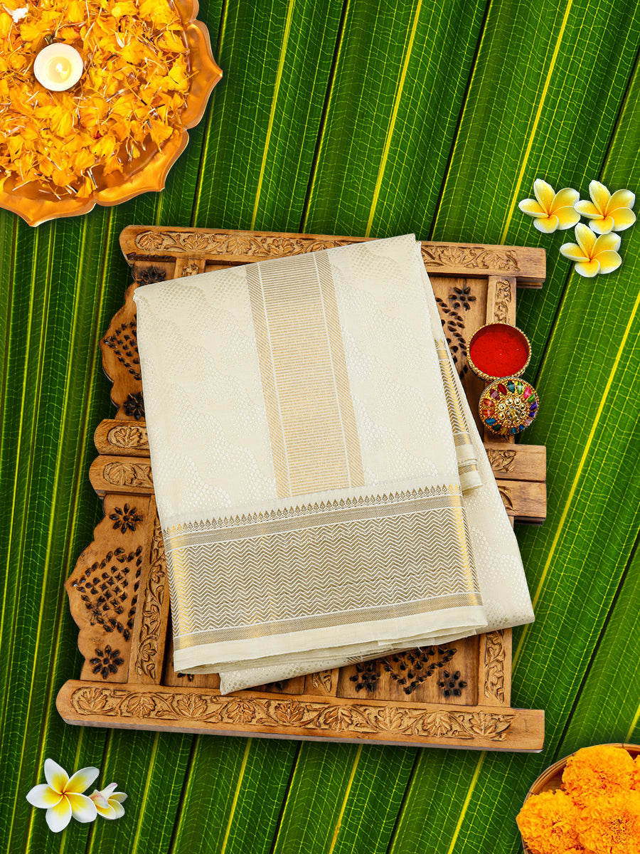 Premium Pure Silk Dark Cream Dhoti With Angavastram 5" Gold Jari Border Agarshanaa