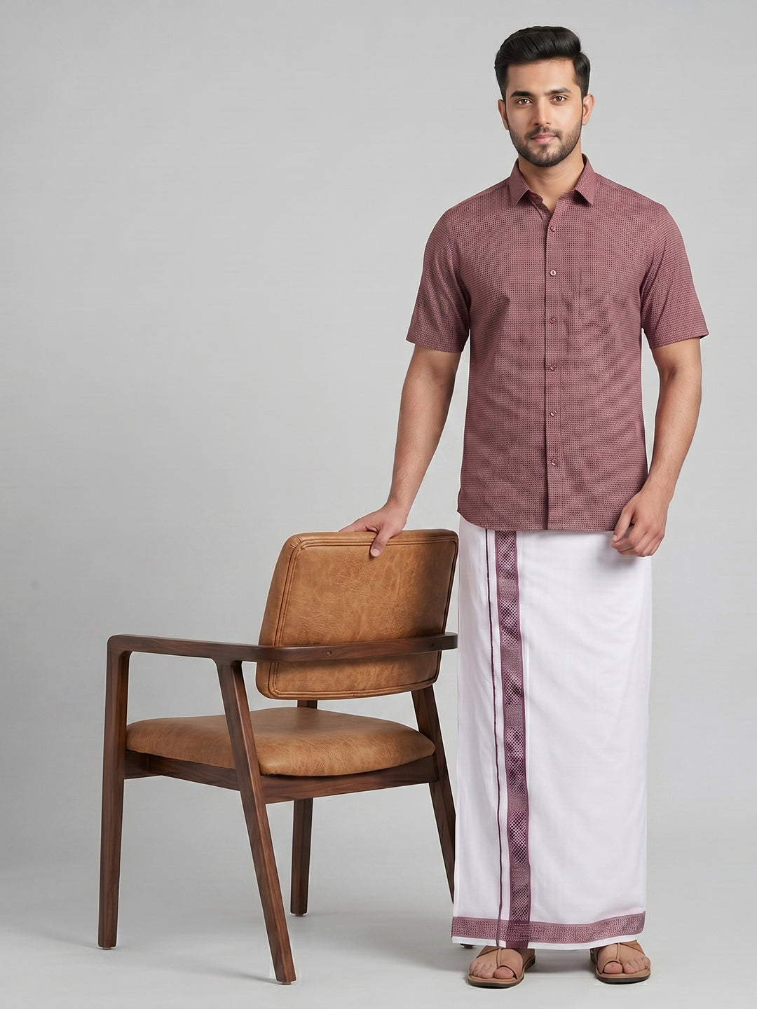 Men Purple Matching Border Dhoti With Printed Shirt Set Windsor HNJ4