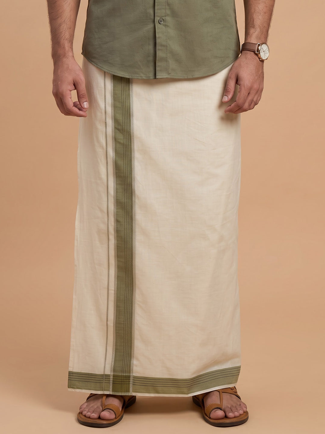 Double Layer Premium Handloom Cream Dhoti with Colour Border - HLM122