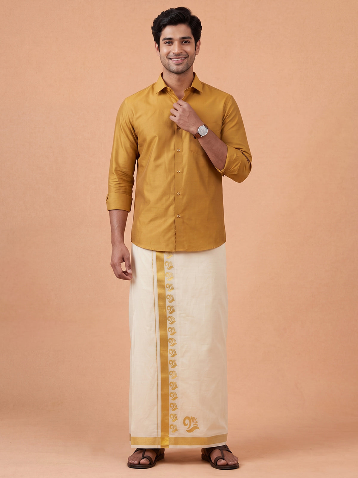 Double Layer Cotton Cream Kora Dhoti With Gold Jari Border - HF Gold HFG09