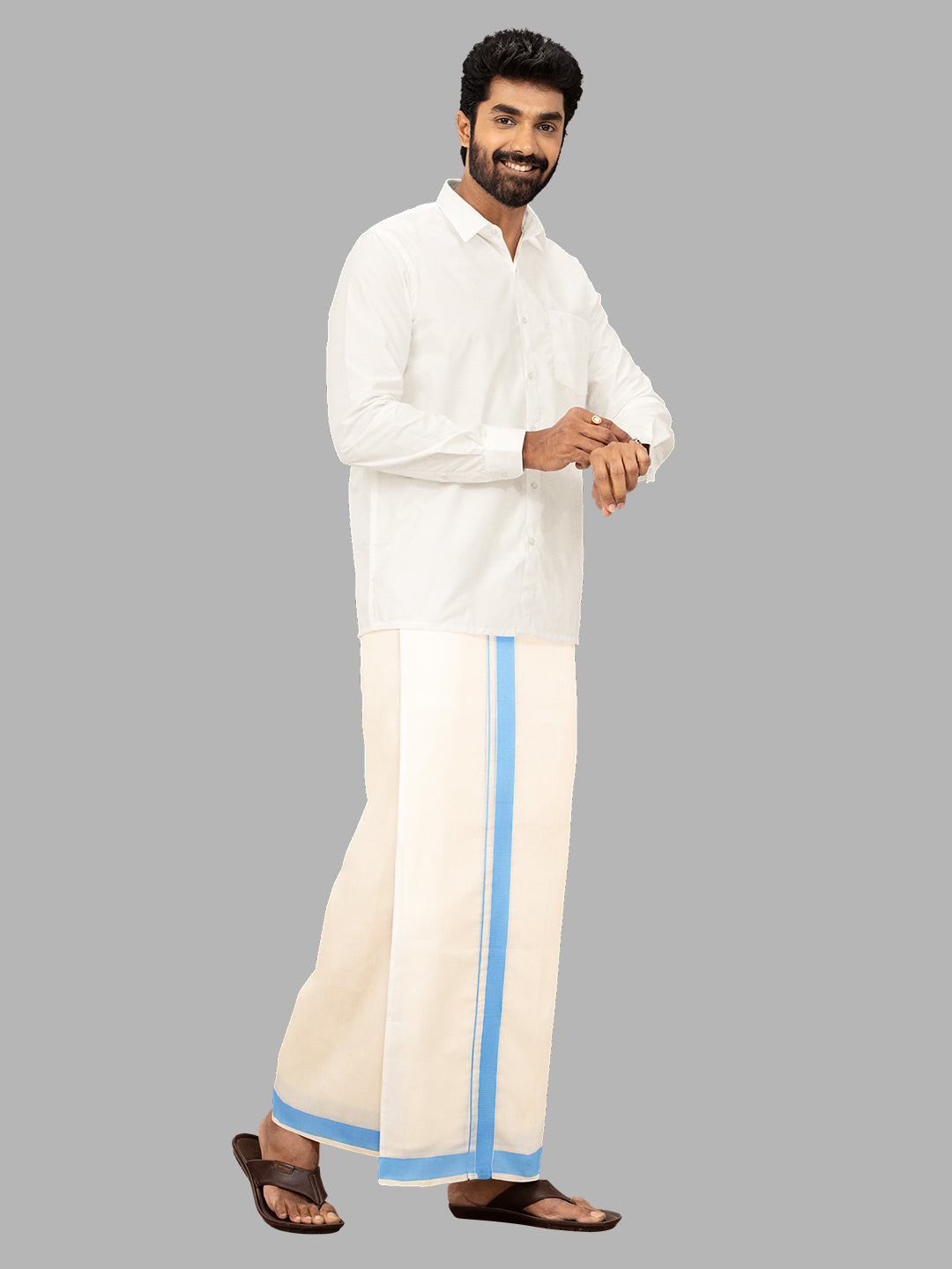 Men Kora Cotton Double Layer Dhoti with Blue Fancy Border Redfort Kora Spl