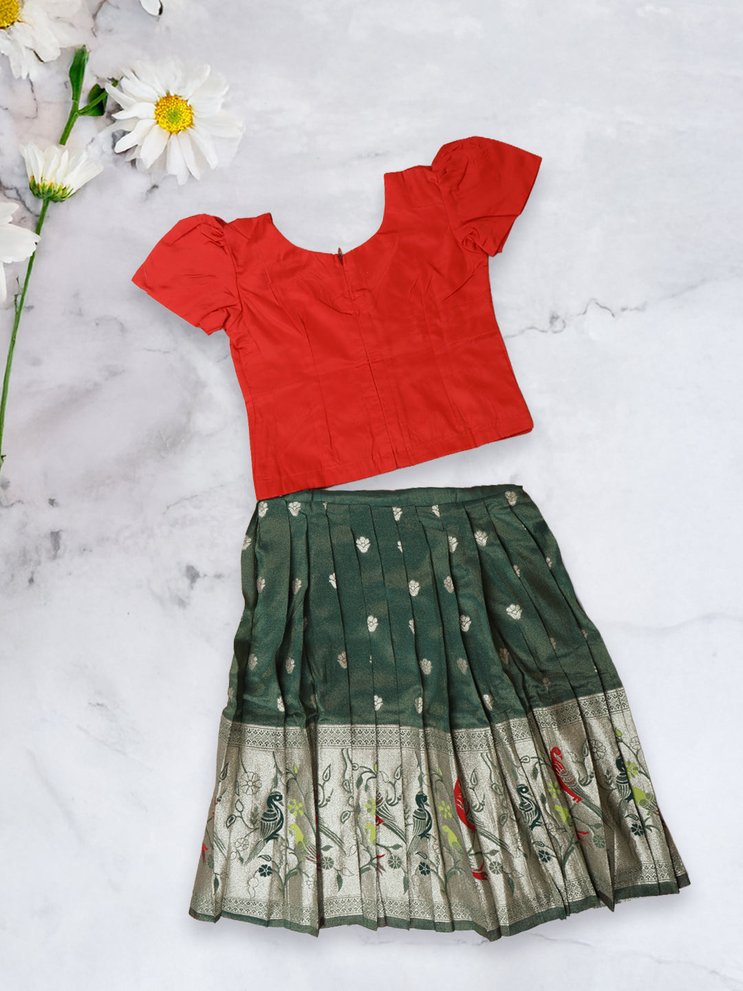Girls Traditional Skirt Set Red with Green GPS19