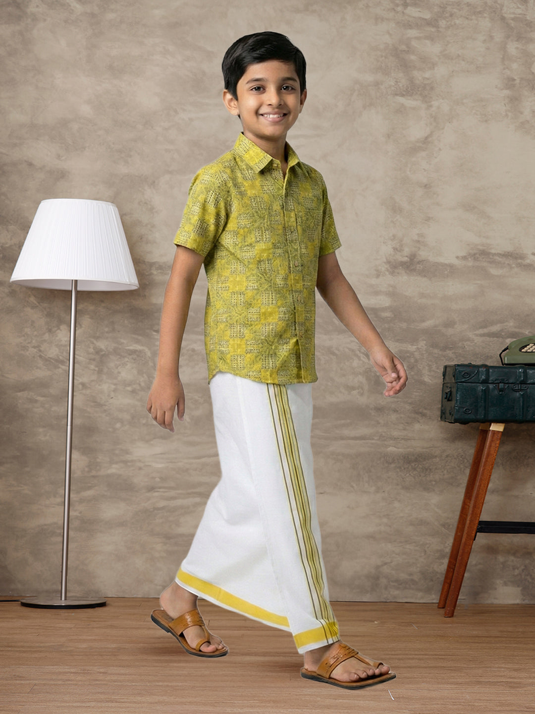 Boys Lemon Yellow Matching Border Dhoti With Printed Shirt Set Fusion PS29