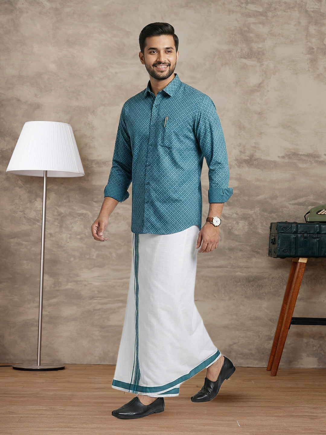 Men Teal Blue Matching Border Dhoti With Printed Shirt Set Fusion PS27