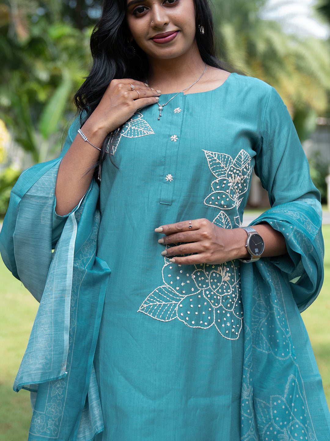 Women Teal MM Silk Embroidered Kurti Set EKS121