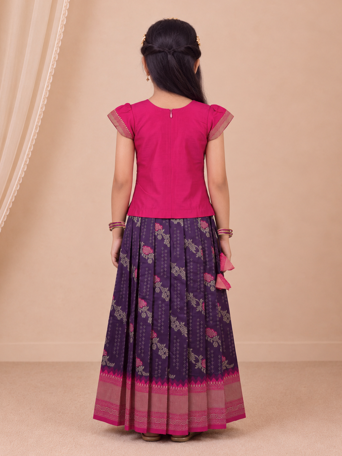 Girls Art Silk Pink with Dark Purple Pattu Pavadai Set GPS75