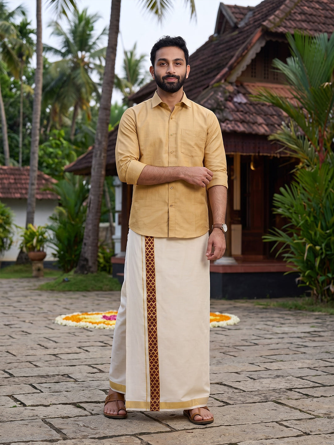 Men Kora Cotton Double Layer Dhoti with Fancy Jari Border Pazhassi Royal Red