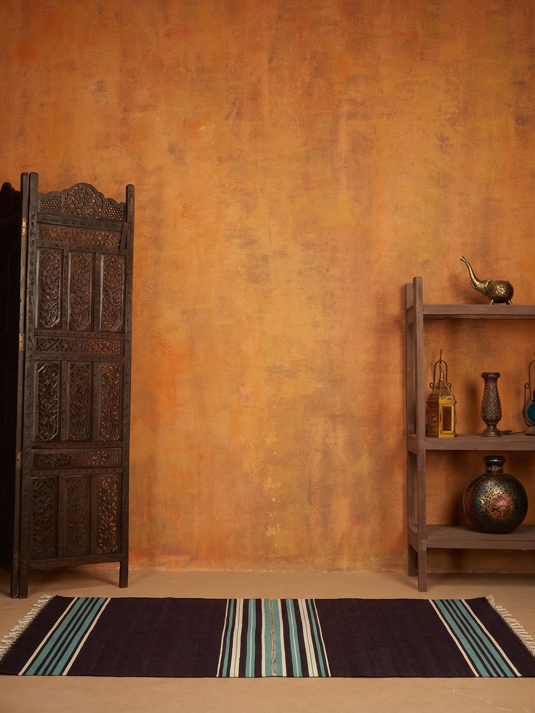 Bhavani Jamakkalam / Handwoven Cotton Carpet Dark Purple Base with White & Blue Stripes (3.25 ft × 6.5 ft)