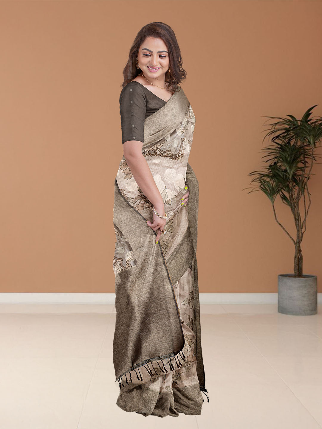 Women Light Brown Semi Tussar Printed Saree ST262
