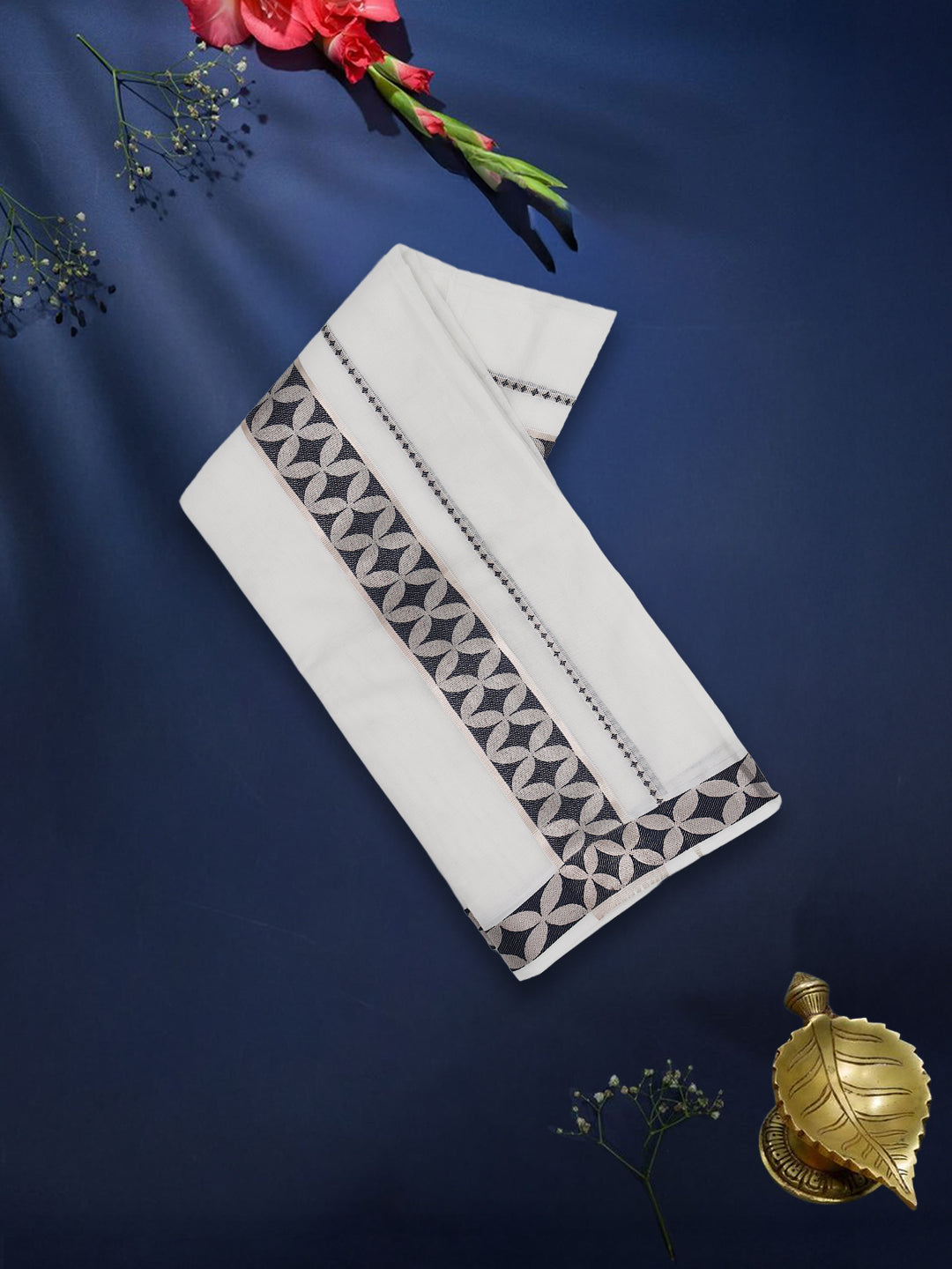 Men Premium Cotton Double Layer White Dhoti with Navy Fancy Jari Border Luxury Club LC20