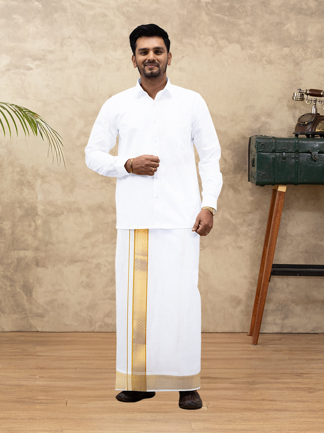 Men 100% Cotton Single Layer White Dhoti with Gold Jari Border Aura 367