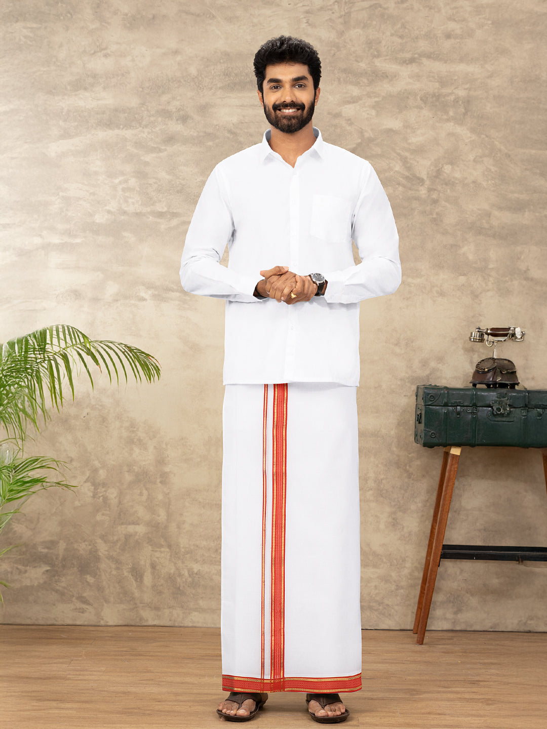 Men 100% Cotton Double Layer White Dhoti with Fancy Jari Border RF05