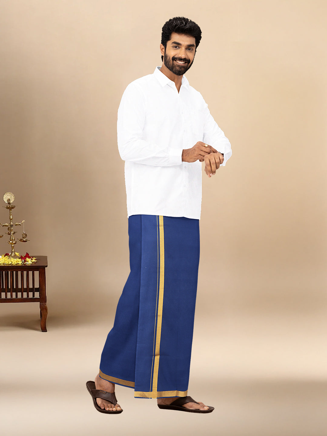 Men Cotton Blend Single Layer Blue Dhoti with Gold Jari Border Cosmic
