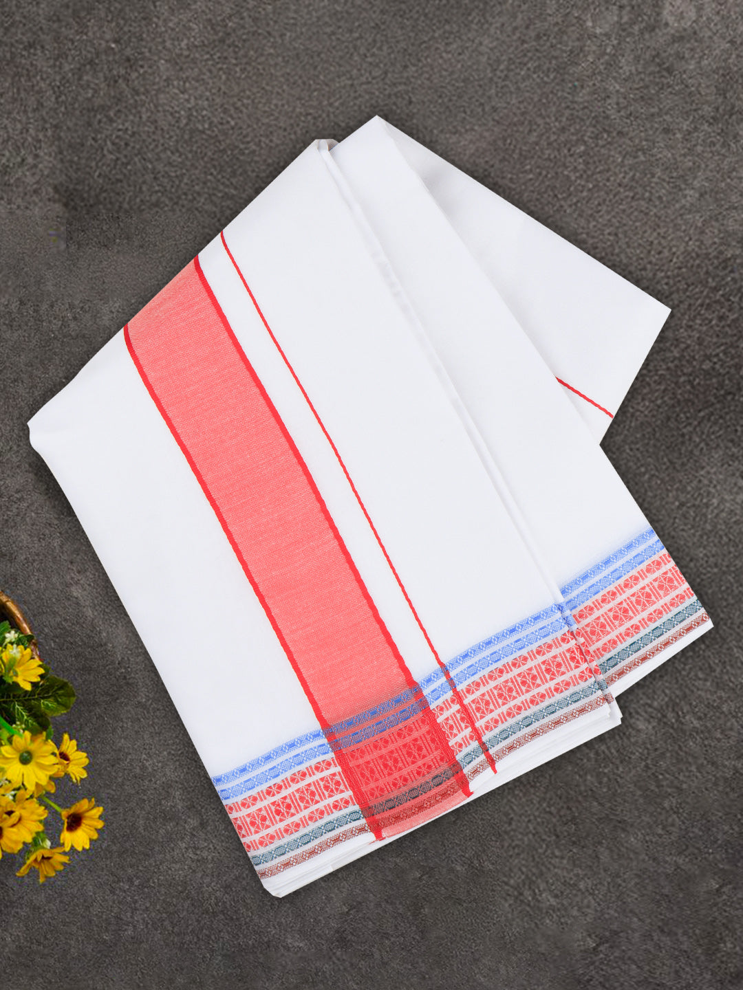Men Cotton Red Fancy Border Panchakacham with Angavasthram Srirasthu(9+5) SR60