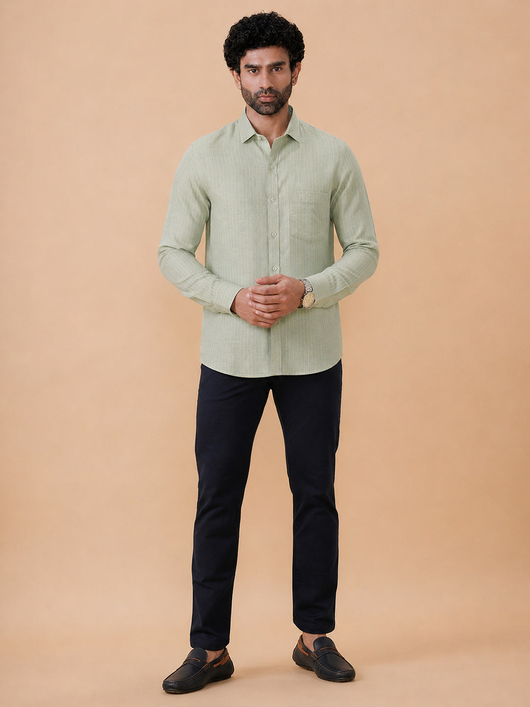 Men Pure Linen Striped Shirt Pale Green LS34