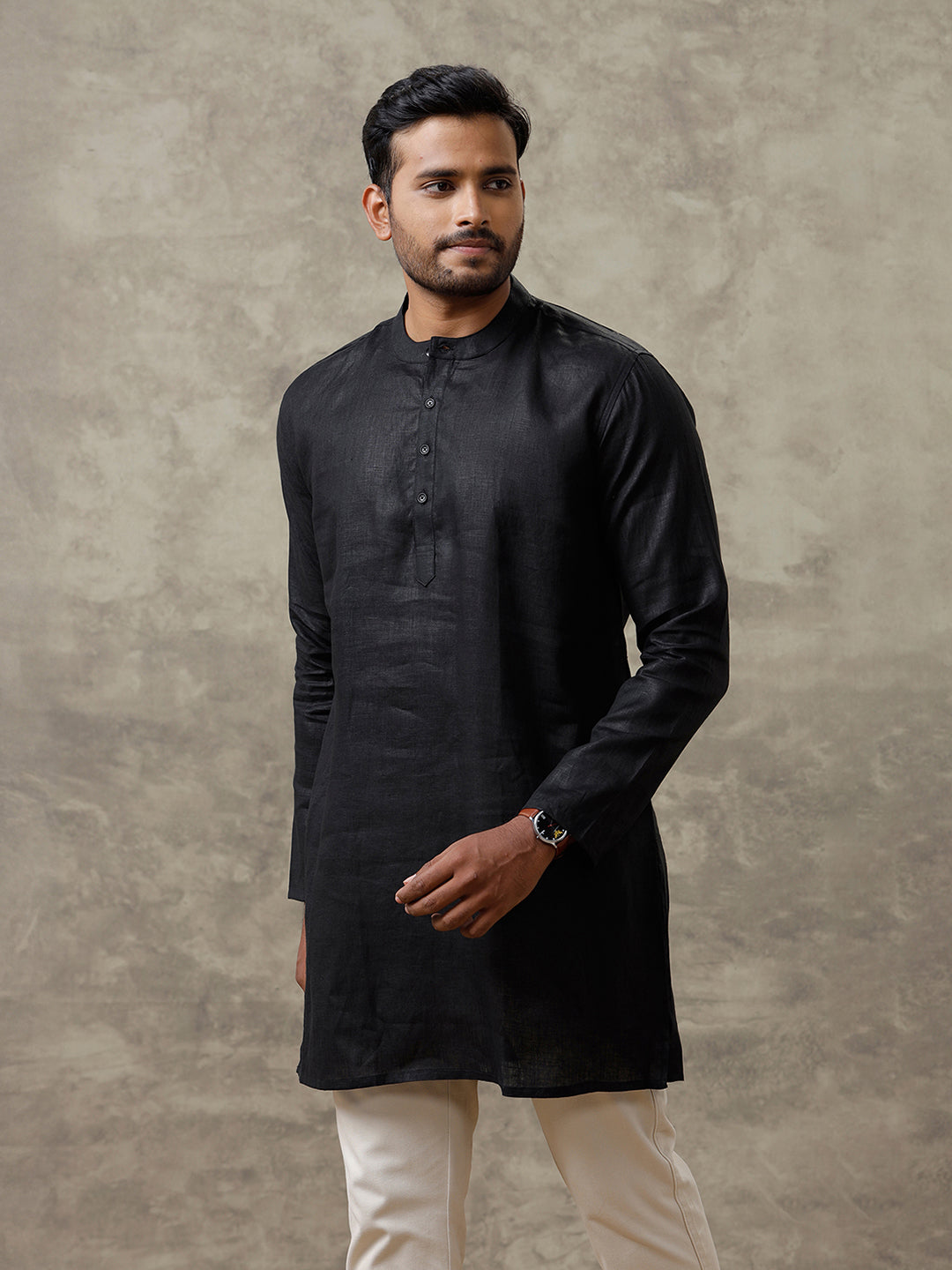 Men Linen Medium Length Kurta Black KAL10