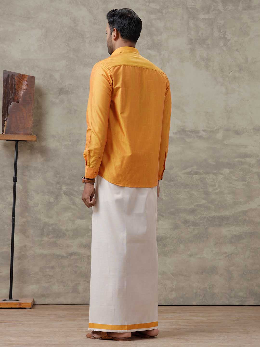 Men Cotton Blend Mustard Shirt and Tissue Dhoti Set VB2