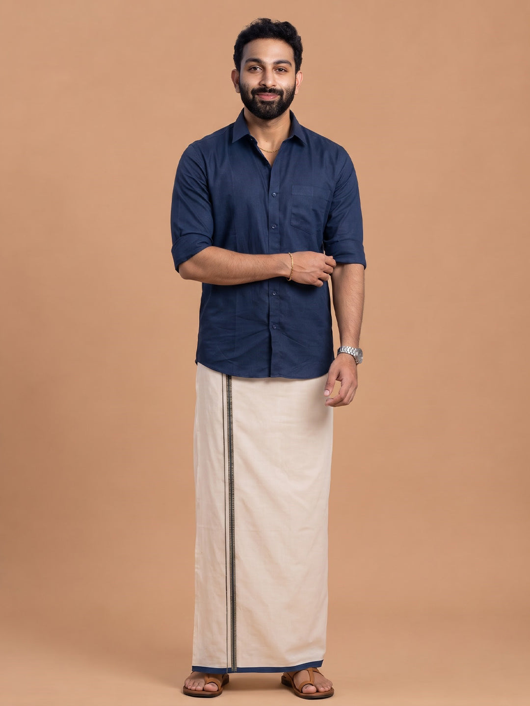 Double Layer 100% Cotton Cream Kora Dhoti with Colour Border - BJK03