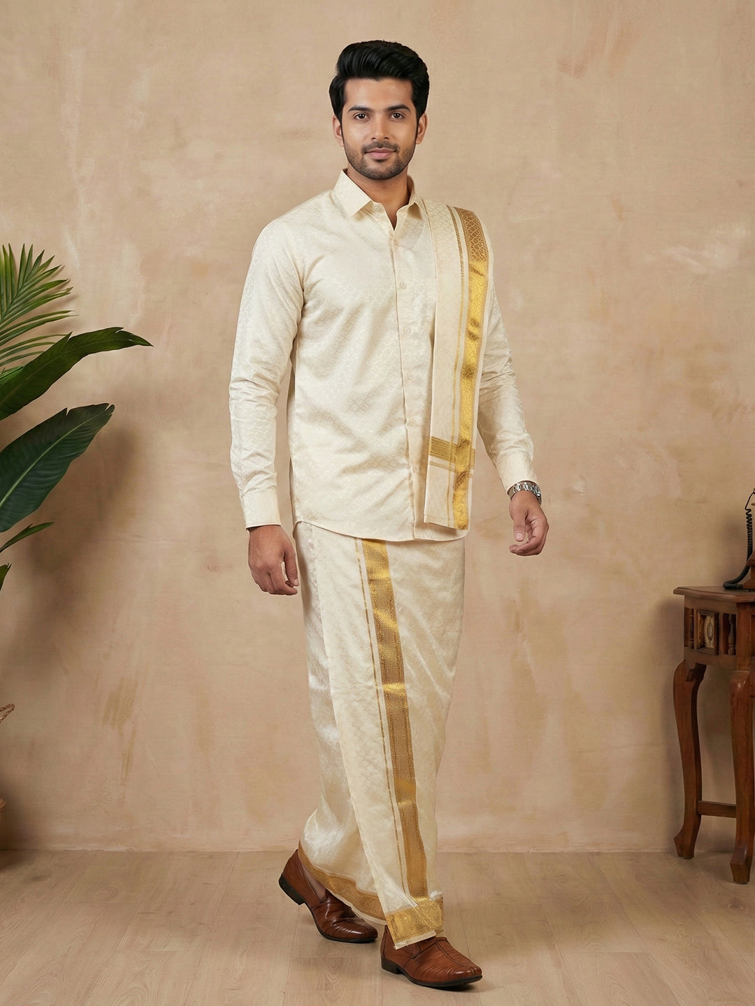 Men Art Silk Self Design Shirt with Readymade Dhoti & Towel Set Cream CRJD3