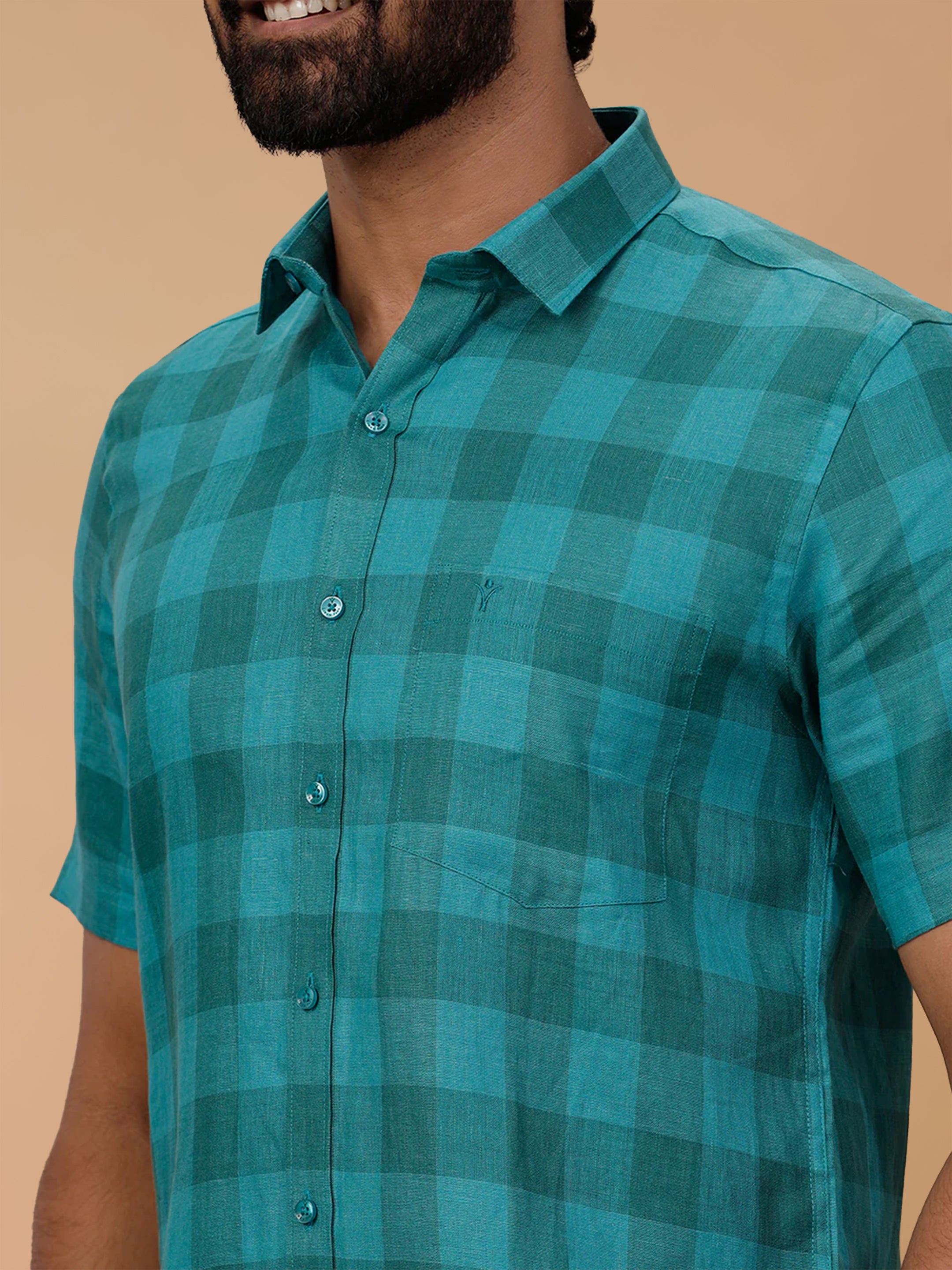 Pure Linen Big Checked Green Smart Fit Shirt LS78