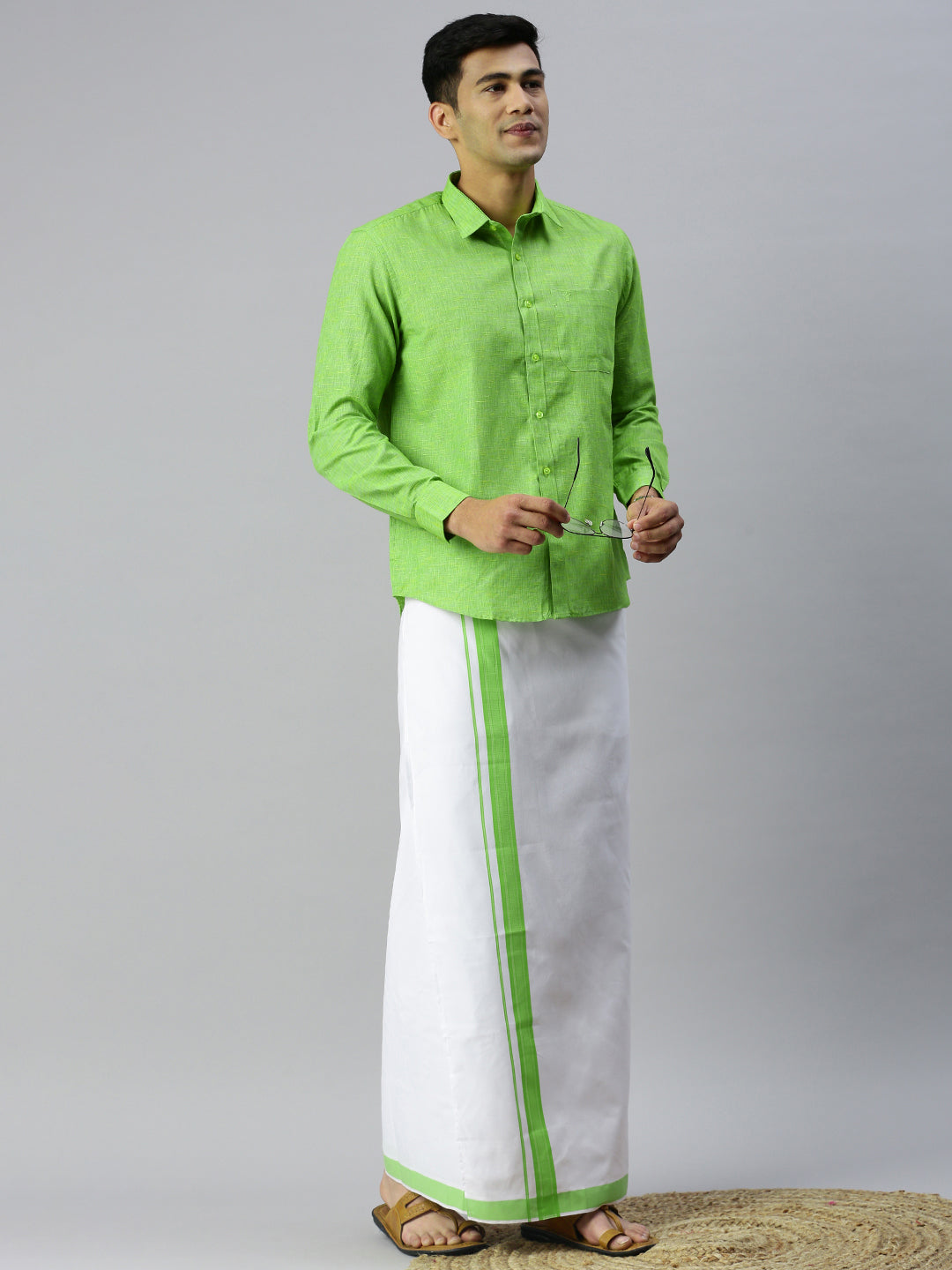 Mens Matching Border Adjustable Dhoti & Full Sleeves Shirt Set Green CC6-Full view