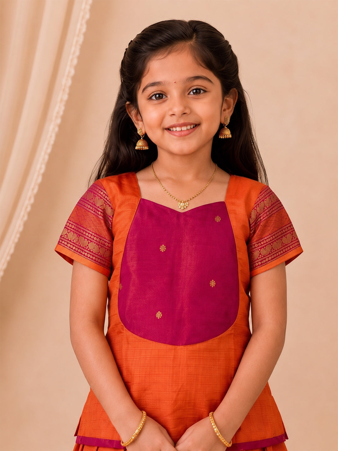Girls Cotton Orange with Purple Pattu Pavadai Set GPS52