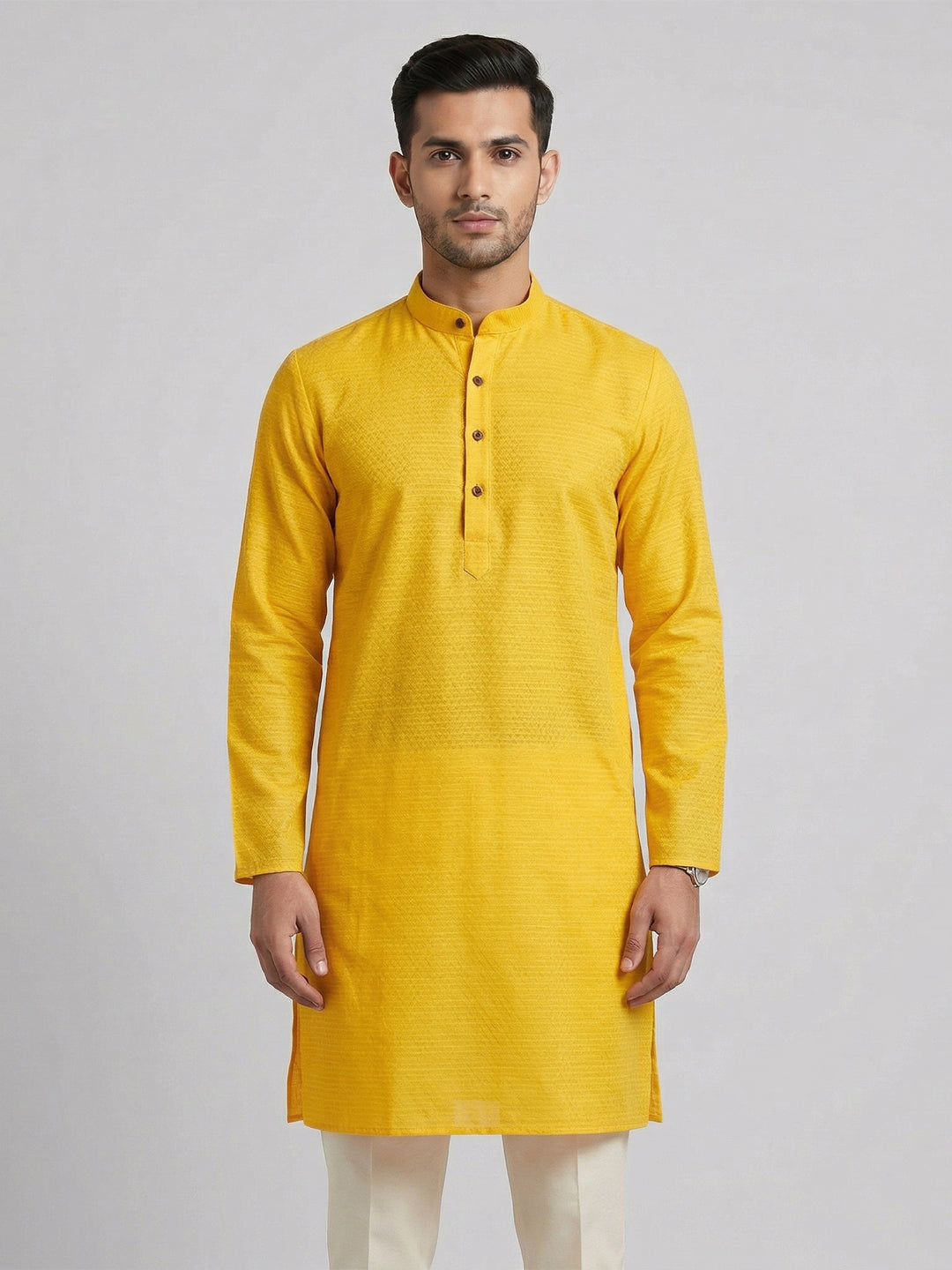Cotton Medium Length Self Design Pocket Kurta Yellow D1