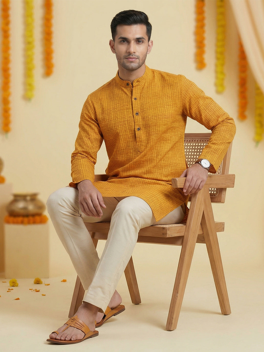 Cotton Medium Length Self Design Pocket Kurta Orange Y1