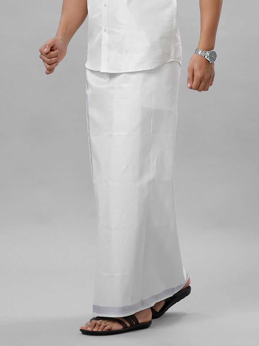 Mens Regular Single Tissue Dhoti with Silver Jari Border Extreme 1 Silver-Side alternative view