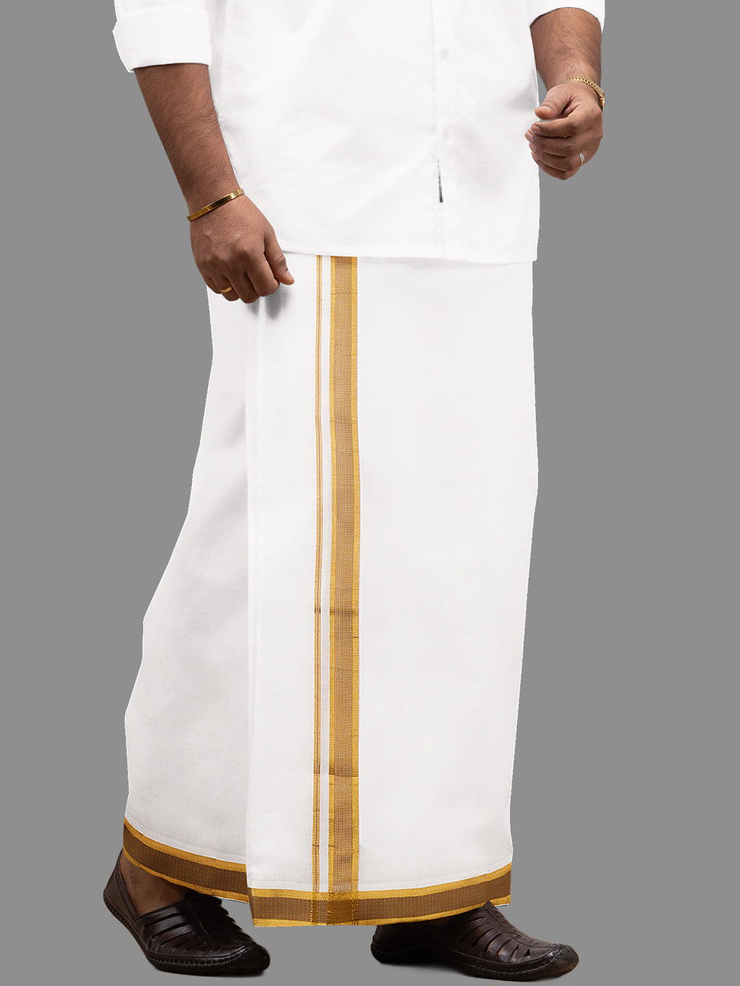 Men 100% Cotton Double Layer White Dhoti with Fancy Jari Border RF01