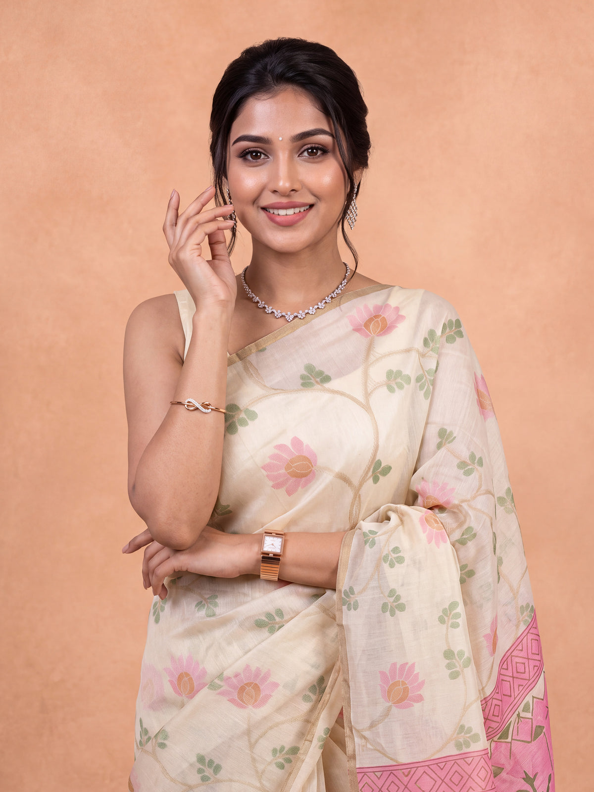 Women Spun Poly Beige Saree SP25