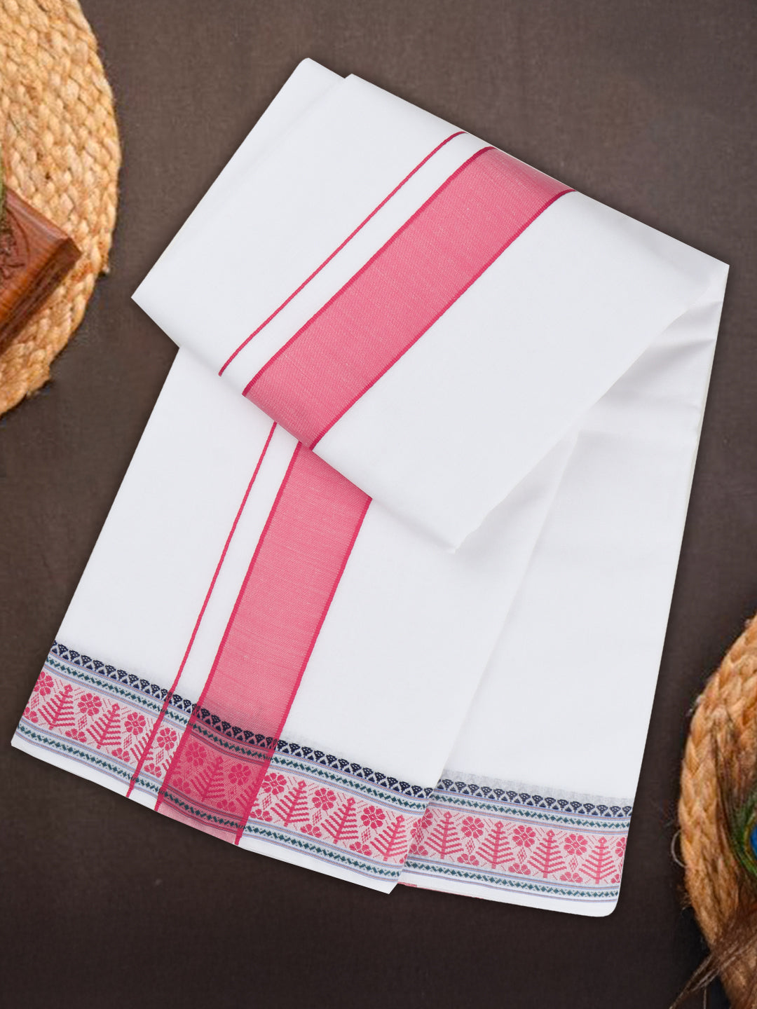 Men Cotton Pink Fancy Border Panchakacham with Angavasthram Srirasthu(9+5) SR54