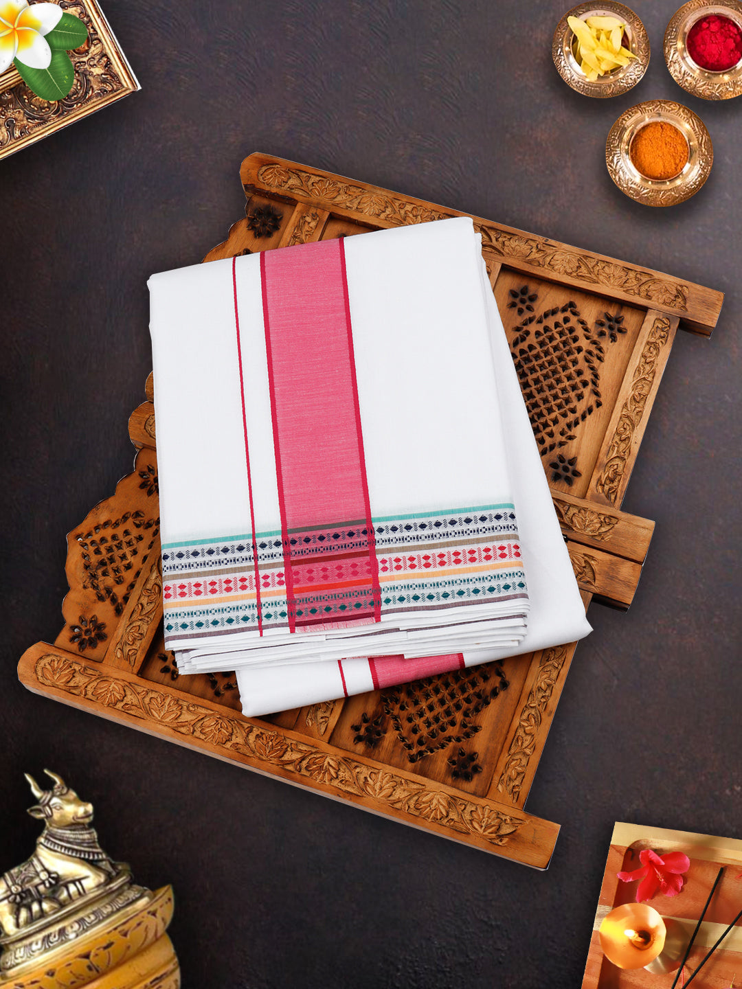 Mens White Panchakacham with Angavasthram Pink Fancy Border Srirasthu (9+5)-View one