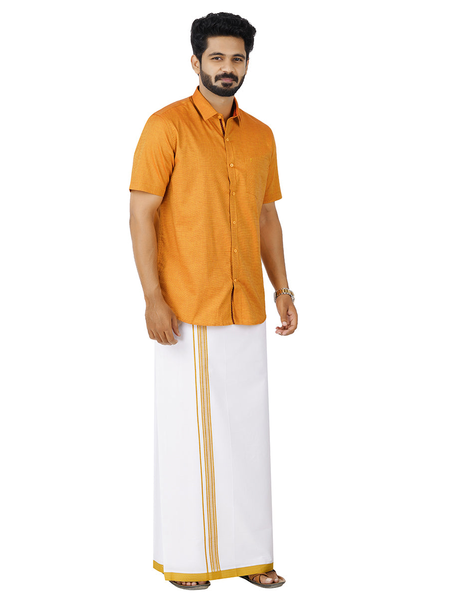 Mens Cotton Matching Border Dhoti & Half Sleeves Shirt Golden Set GL7-Sdie view