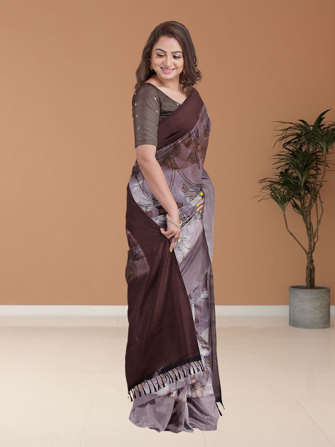 Women Purple Semi Tussar Printed Saree ST258