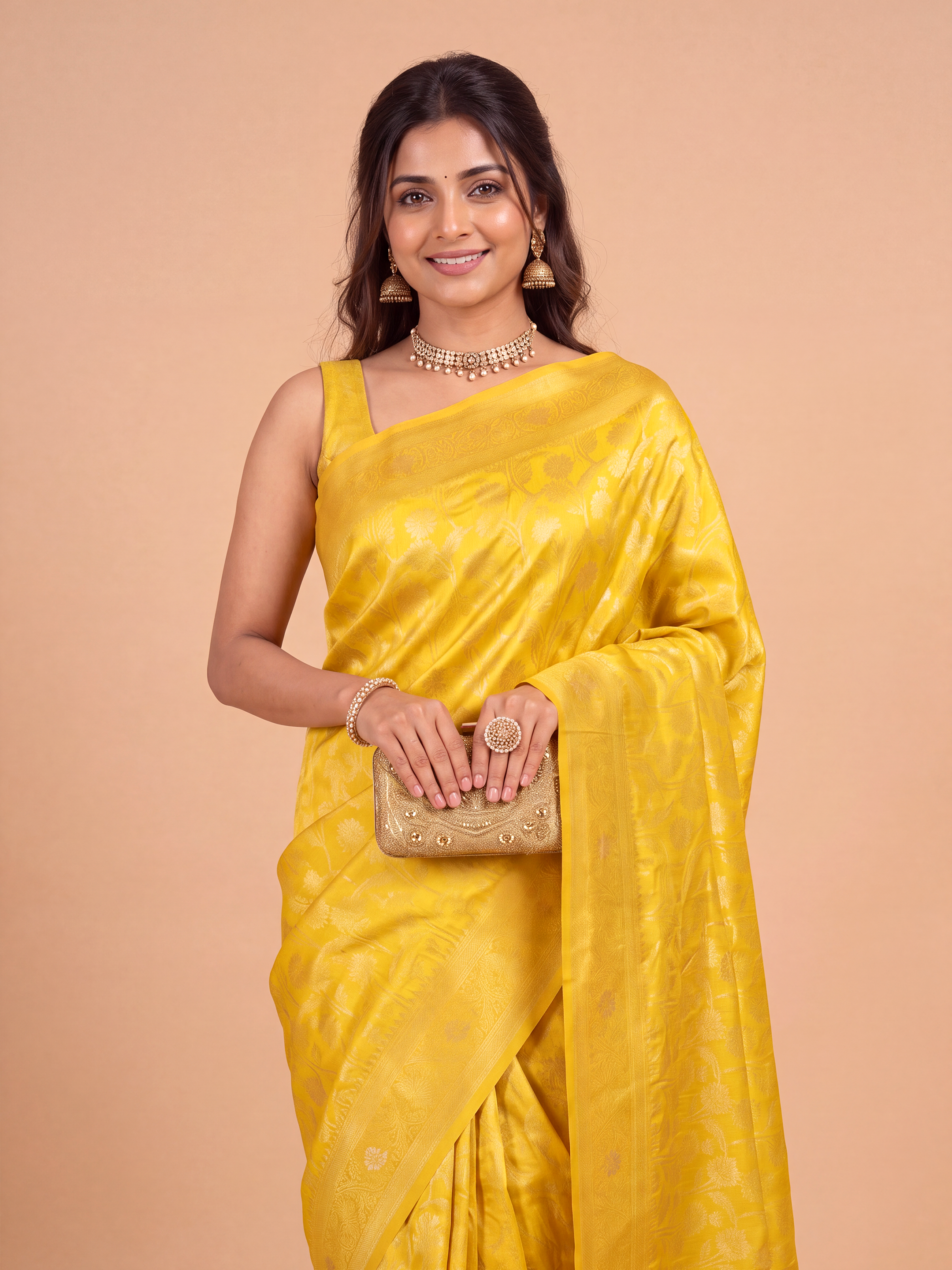Women Semi Tussar Golden Yellow Saree ST359